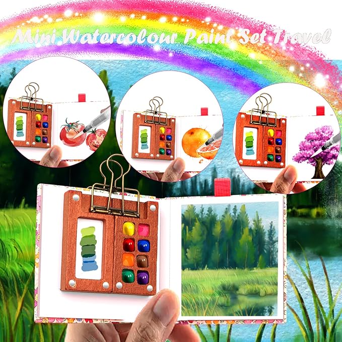 Pocket Wooden Paint Palette with Metal Clip, Water Colour Paints Sets with Sketchbook & Water Pen for Painters,Artists,Beginner (Rose-12 Colors, S-8 Grids)