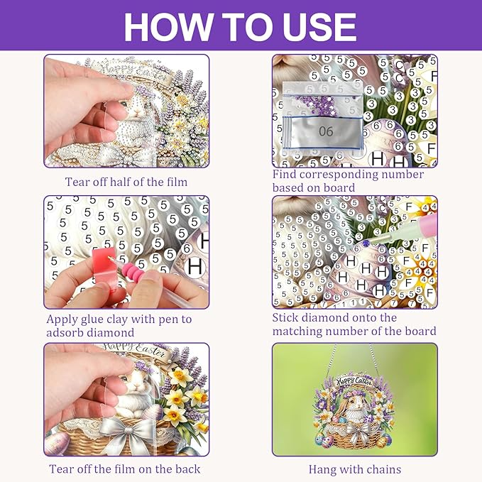 CEOVR Easter Hanging Diamond Art for Adults, Easter Bunny&Egg Diamond Painting Pendant DIY Gem Art Wall Hanging Ornament, Acrylic Home Garden Decor with Chain, Box Kit 7.87×7.48inch