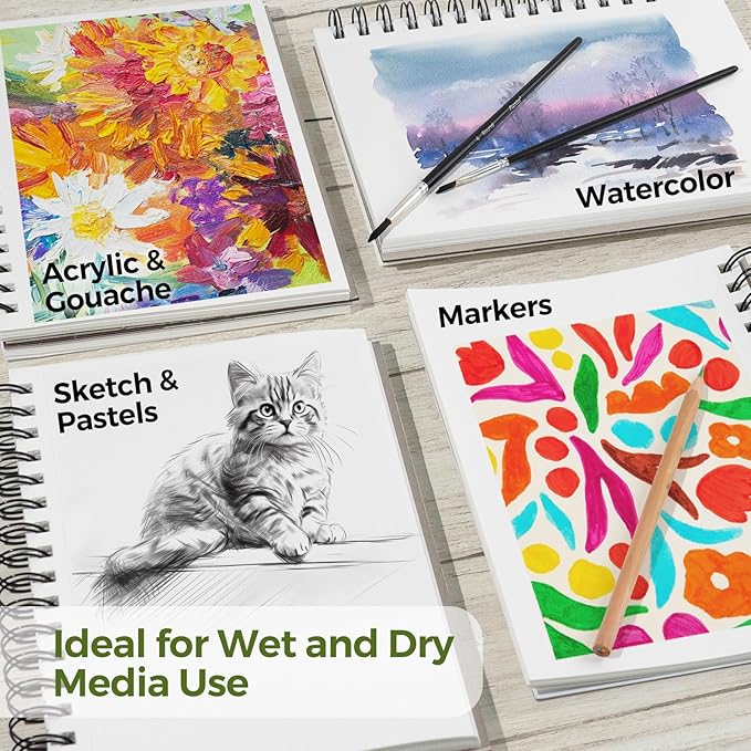 Funto Watercolor Pad 10x7, 3-Pack, 90 Sheets, 140 lb/300 GSM, Double-Sided, Cold Press, Spiral Bound, Heavyweight Paper for Watercolor Painting