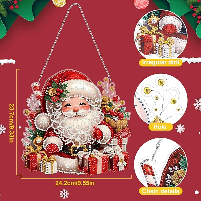 Christmas Diamond Art Hanging Kits for Adults,Double Sided Special Shaped Christmas Santa DIY Acrylic Diamonds Art Painting Window Pendant Home Garden Wall Hanging Kits Hanging Ornament