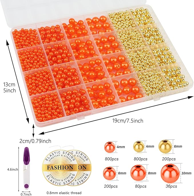 2116 PCS Pearl Beads for Bracelet Making Kit Gold Beads for Jewelry Making Kit Gold Small Spacer Bead Orange Pearl Bead for Crafting Charms Necklace Earrings DIY Craft for Women Adult
