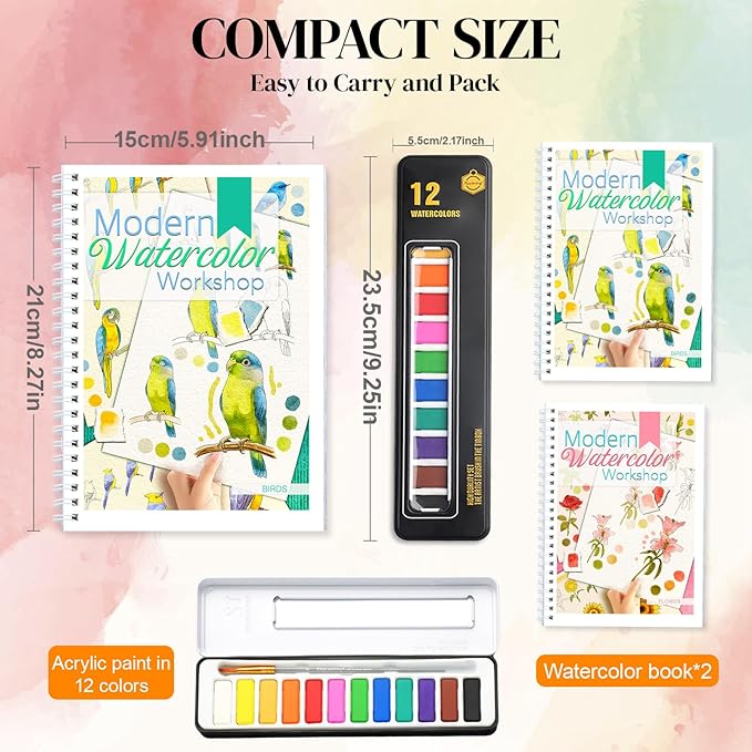 APOLYONE 2-Pack Beginner Watercolor Workbooks: 24 Coloring Pages + 12 Watercolor Paints + Brush – 300gsm/140lb Paper – Gift for Women, Adults & Beginners (Birds & Flower)