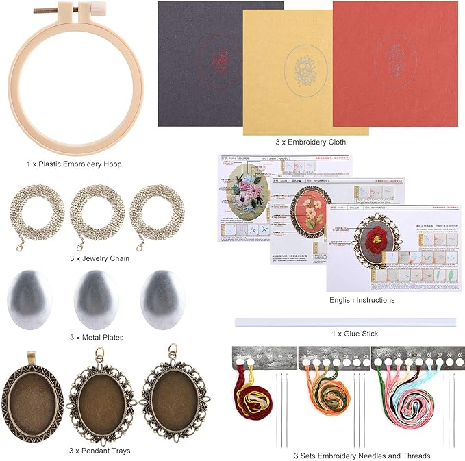 MWOOT 3 Pack Pendant Embroidery Starter Kit for Beginners, Retro Necklace Series Cross Stitch Tools for Necklace & Earrings & Hand Sewing Jewelry & Creative Gifts,Style B