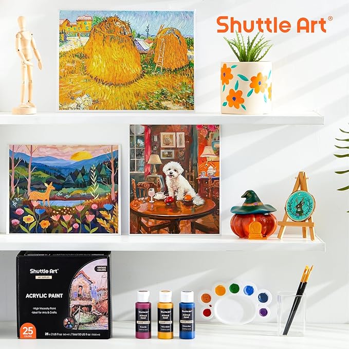 Shuttle Art Acrylic Paint Set, 25 Vintage Colours, 2oz/60ml Bottles, Rich Pigmented, Premium Acrylic Paints for Artists, Beginners and Kids on Rocks Crafts Canvas Wood Ceramic