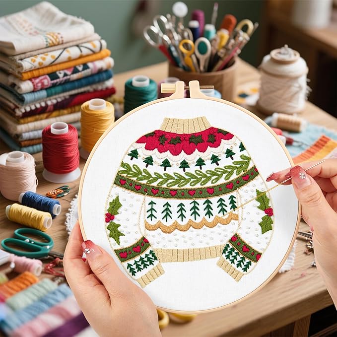 Crafmanoe Christmas Embroidery Kits for Beginners Embroidery Stitches Practice Kits for Adults, Christmas Cross Stitch Kits for Beginners Craft Kits, Embroidery Hoops, Fabric, Threads & Video Tutorial