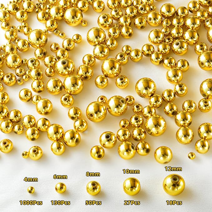 Laopottbeads 1225 Pcs Gold Beads with Oxidation-Resistant Finish, 4/6/8/10/12mm Round Beads DIY Kit for Bracelets, Earrings, Necklaces & Anklets
