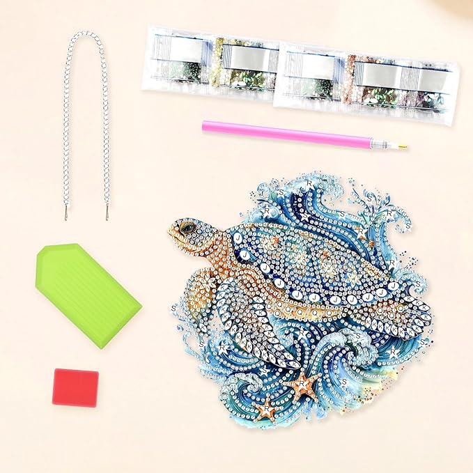 Lxmsja DIY Turtle Starfish Diamond Painting Hanging Ornament, Double-Sided Acrylic Ocean Waves Diamond Art Kit, Special Shaped Suncatcher Hanging Pendant Window Art Kit 7x8 inch