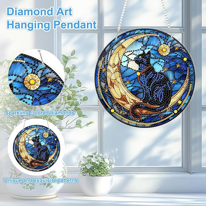 TOSTOG Cat Diamond Art Hanging Kits for Adults, Cat on the Moon Diamond Painting for Adults Window Pendant,Special Shape Diamonds Diamond Painting Hanging Pendant Kit for Wall Home Decor Gift