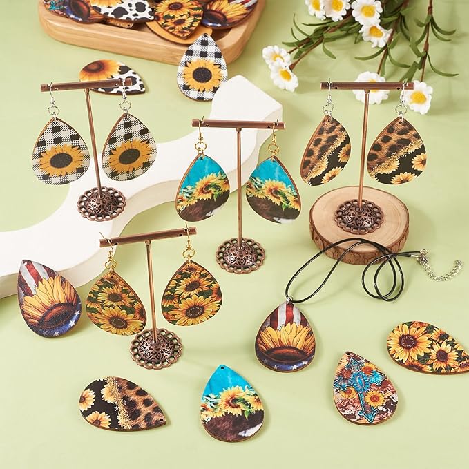 Beadthoven 18 Pairs DIY Sunflower Printed Wood Dangle Earring Making Kit Vintage Rustic Summer Flower Wood Pendants Teardrop Charms Hanging Ornaments Earring Hooks Jump Rings for Jewelry Making Adult