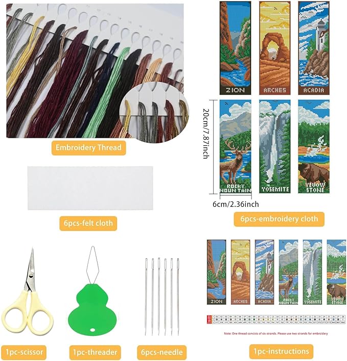 NEGEKFKX 6 Pcs National Park Cross Stitch Bookmark Kit for Adult Beginners,Cross Stitch Kits 14 CT DIY Crossstitch Kits Adult Stamped Bookmark Embroidery Bookmarks Kit