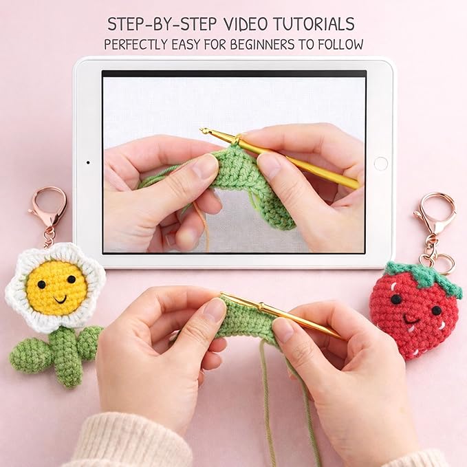 HOUSE CREATIVITY Beginner Crochet Kit for Adults, Beginners Crocheting Knitting Kit with Yarn Sets, Step-by-Step Video Tutorials,Animal Craft Kit, Holiday Birthday Gifts(Strawberry & Sunflower)