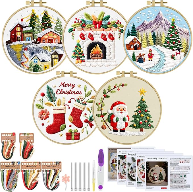 ERKOON Embroidery Kit for Beginners, 5 Sets Christmas Cross Stitch Set for Adults Include Embroidery Cloth Hoops Threads for Craft Lover Hand Stitch with Skill Techniques (Christmas#1)