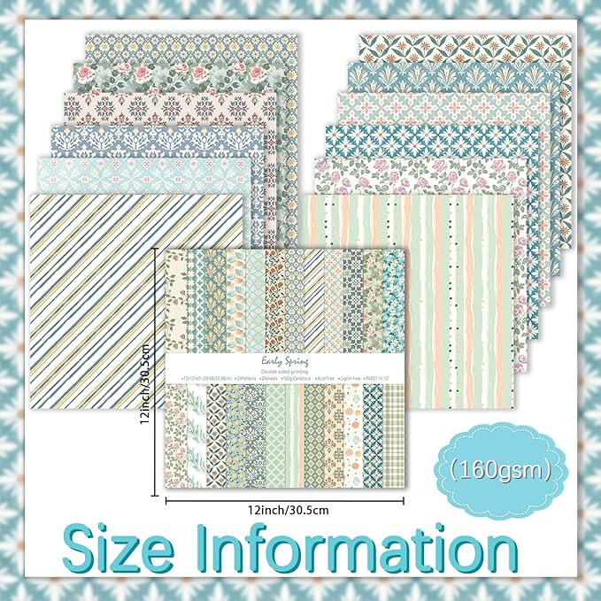 24 Sheets Scrapbook Paper 12" Double-Sided Photo Backdrop Bohemian Patterned (Floral Design K)