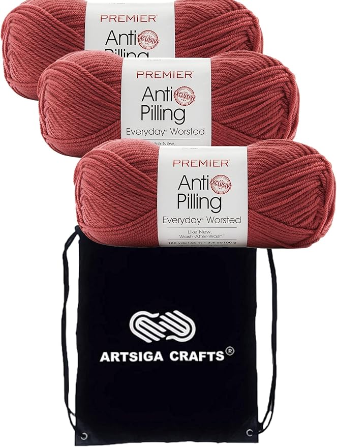 Premier Yarns Everyday Anti-Pilling Solid Rosewood DN100-92 (3-Skeins - Same Dye Lot) #4 Worsted Weight Acrylic Yarn for Crocheting and Knitting with Project Bag