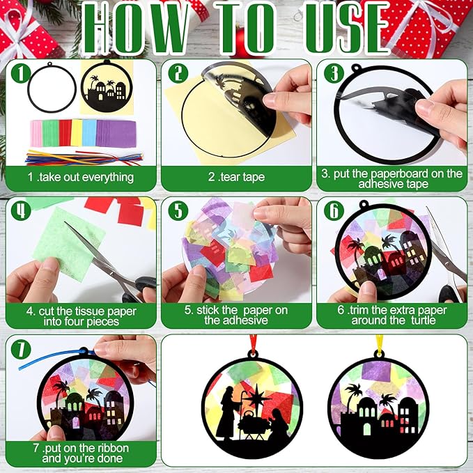 AmazingSpark 30 Pcs Christmas Nativity Ornaments Crafts Kits Bulk Christian Nativity Suncatchers Art Xmas Birth of Jesus DIY Stained Glass Effect Tissue for Religious Church Classroom Activities Party