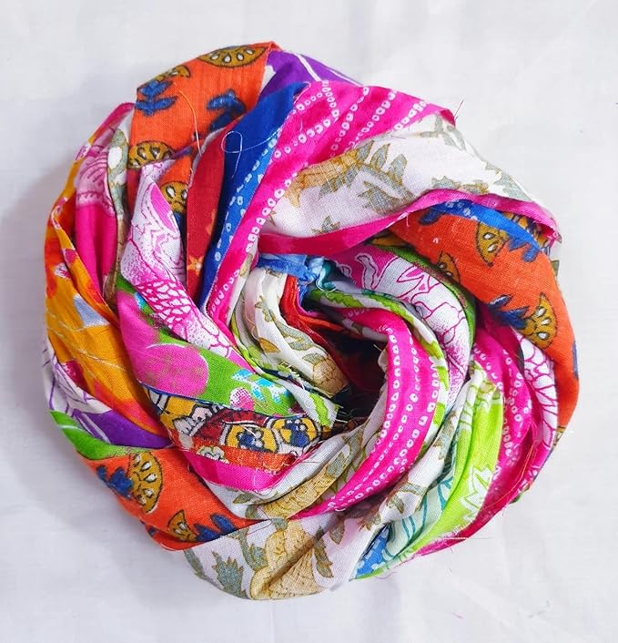 21 Yards Unstitched Recycled Sari Cotton Yarn Ribbon Tassels 21 Strips SKEINS Shades Recycled Journal Scrapbook Craft Project Decor DS360 (Pure Cotton, 21 Yard)