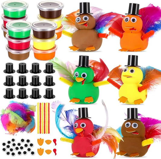 12 Sets Thanksgiving Turkey DIY Craft Kits Fall DIY Turkey Air Dry Clay Modeling Fall Crafts Ornament for Friendsgiving Thankful Dinner Party Activity Supplies Table Decorations