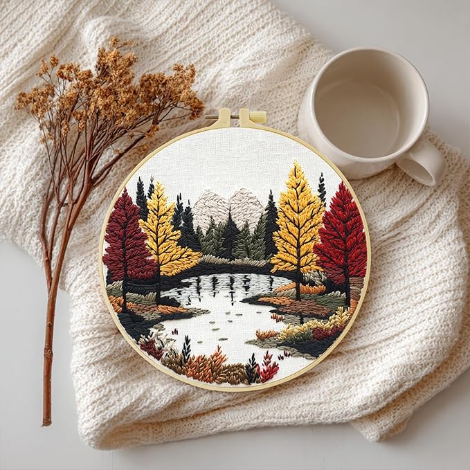 ZuoAnLF Embroidery Kit for Beginners – Complete Hand Embroidery Starter Set with Hoop, Pattern Cloth, Color Threads & Needles, DIY Embroidery Set for Relaxation, Home Décor & Unique Gifts (lakescape)