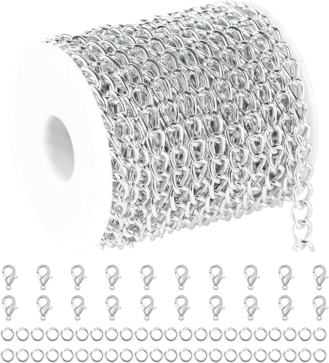 YOUBEIYEE 33ft/10m Cable Link Chain for Jewelry Making Light Silver Plated Aluminum Jewelry Chains Bulk with Jump Rings and Lobster Clasps