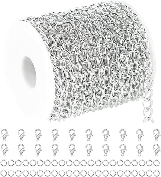 YOUBEIYEE 33ft/10m Cable Link Chain for Jewelry Making Light Silver Plated Aluminum Jewelry Chains Bulk with Jump Rings and Lobster Clasps