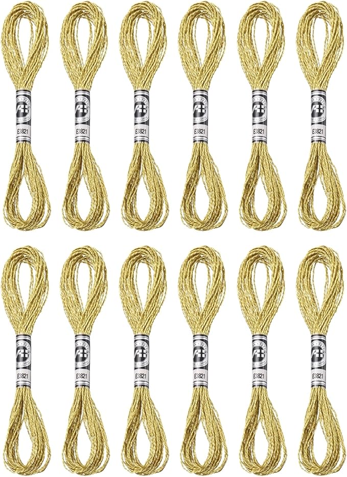 PATIKIL 12 Skeins Embroidery Floss, Metallic Embroidery Thread Nylon Threads Bracelets String for Cross-Stitch Hand Embroidery, Light Gold