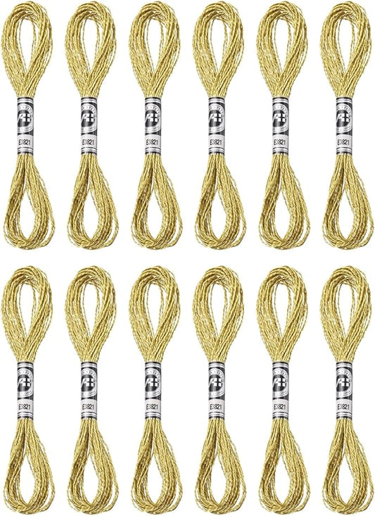 PATIKIL 12 Skeins Embroidery Floss, Metallic Embroidery Thread Nylon Threads Bracelets String for Cross-Stitch Hand Embroidery, Light Gold