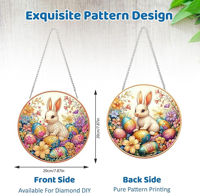 MEIYUDA Easter Bunny Diamond Art Hanging Kits for Adult, Easter Eggs Diamond Painting Hanging Kits Ornaments, DIY Special Shaped Rhinestone Window Pendant for Home Garden Wall Decor Gift
