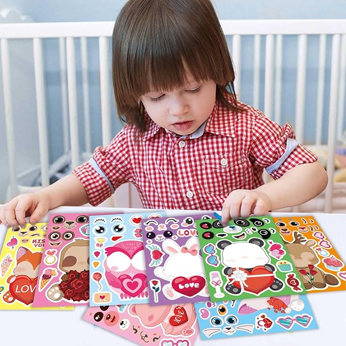 32 sheets valentine stickers for kids, valentine's day make a face stickers, make your own stickers 8 designs of animal owl rabbit bear stickers for boys girls
