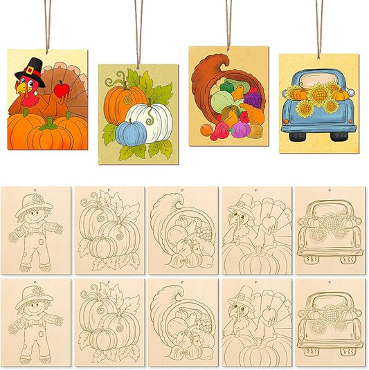 COCHIE 10PCS Large Thanksgiving Unfinished Wood Crafts to Paint for Adults, Bulk Predrilled Wooden Ornaments for Painting, Pumpkin Scarecrow Paintable Wood Slices Craft Supplies with Ropes