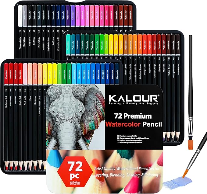 KALOUR Professional Watercolor Pencils with 2 Brush - 72 Colors - Beautiful Blending Effects with Wet or Dry - Ideal for Coloring Book - Water Soluble Pencils for Adults Beginners
