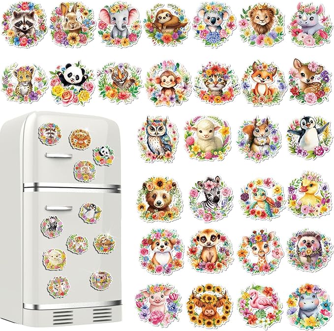 Xuhal 30 Pcs Spring Animal Diamond Painting Magnet Flower Animal Diamond Art Magnet Kits for Adults Floral Wreath Elephant Refrigerator Magnetic Sticker 5D Rhinestone Fridge Sticker for DIY Craft Gift