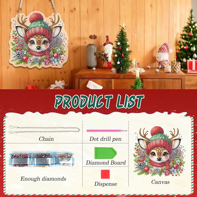 EMIEAUFG Christmas Diamond Art Hanging Kit for Adult, Xmas Deer Diamond Art Pendants, Double Sided Acrylic & 5D Special Shaped Rhinestone, Christmas DIY Ornament for Window Home Wall Decor