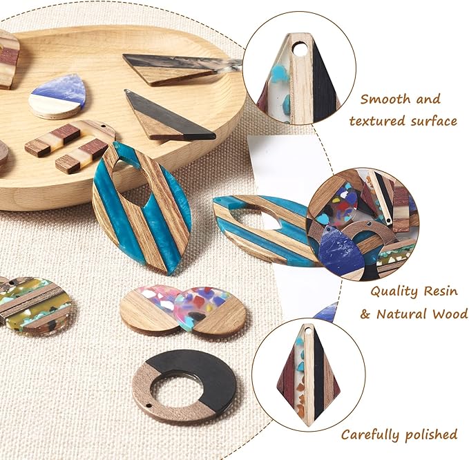 Beadthoven 16pcs/8 Pairs Colorful Ethnic Natural Wood Resin Charms DIY Earrings Pendants Mixed Shapes Wooden Pieces Pendants for Statement Jewelry Making Findings