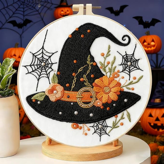 Zhenqing Halloween Witch Hat Embroidery Kit for Beginners - 29x29cm Printed Fabric with Hoop & Full Tools (Black Hat with Orange Flowers) (C0119)