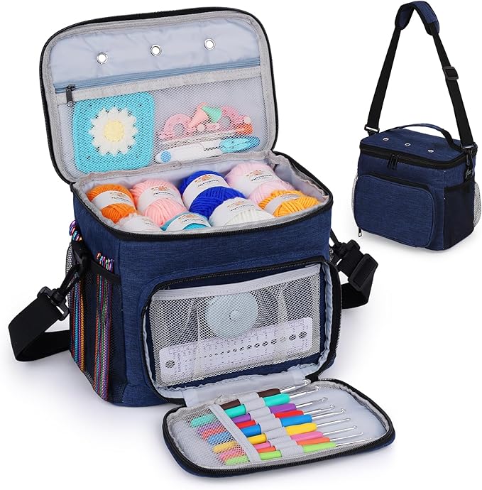 Aeelike Yarn Storage Organizer Travel Crochet Bag, Large Capacity Tote Bags Knitting Bag for Carrying Projects, Knitting Needles,Crochet Hooks and Yarn, Blue