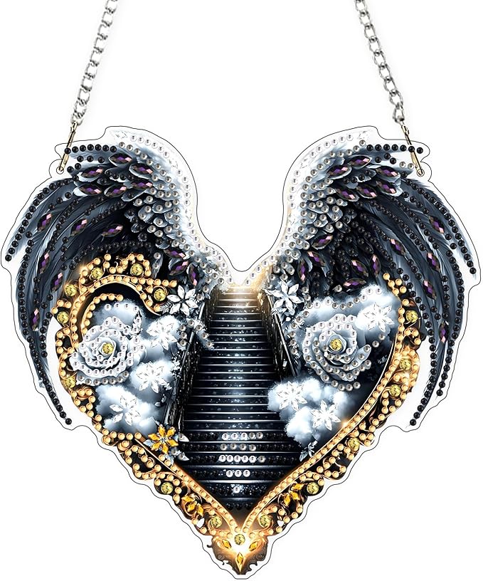 Lxmsja DIY Angel Wings Diamond Painting Hanging Ornament, Double-Sided Acrylic Stairway to Heaven Diamond Art Kit, Special Shaped Suncatcher Hanging Pendant Window Art Kit 7x8 inch