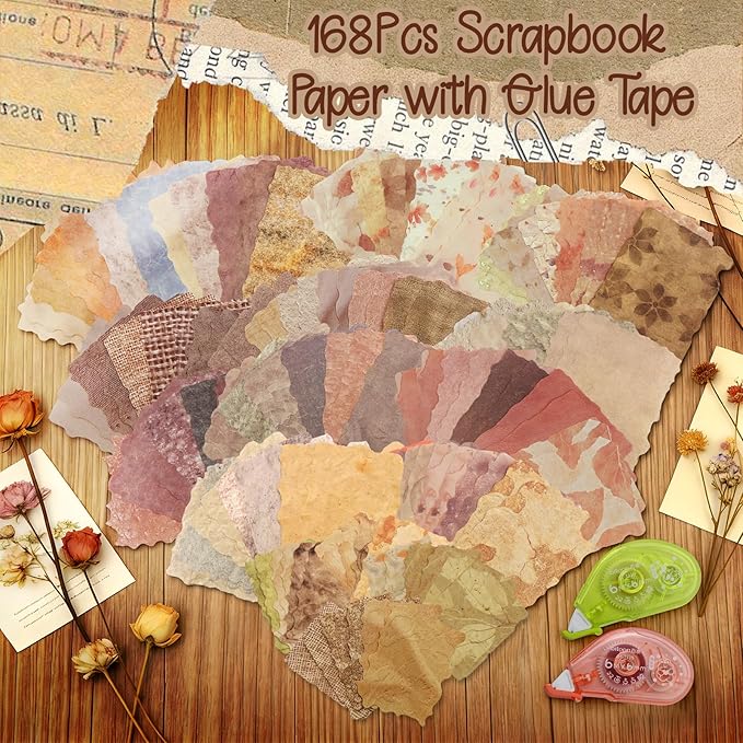 170 Pcs Sheets Vintage Scrapbook Paper Kit with Photo Tapes, Textured Scrapbook Paper, Scrapbooking Supplies, Junk Journal Supplies, Decorative Decoupage Card, Mixed Media Collage Making Craft