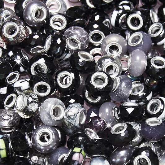 60Pcs Black Large Hole Beads, European Craft Big Beads, Large Hole Lampwork Murano Bead, Fairy Wand Garden Bead, DIY Charm Bracelet Necklace Jewelry Making Decoration Supplies