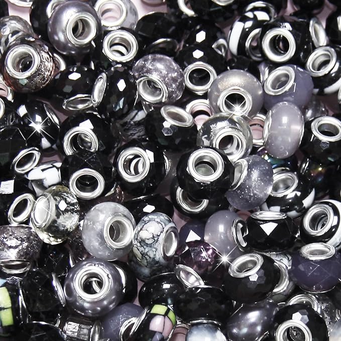 200Pcs Black Large Hole Beads, European Craft Big Beads, Large Hole Lampwork Murano Bead, Fairy Wand Garden Bead, DIY Charm Bracelet Necklace Jewelry Making Decoration Supplies