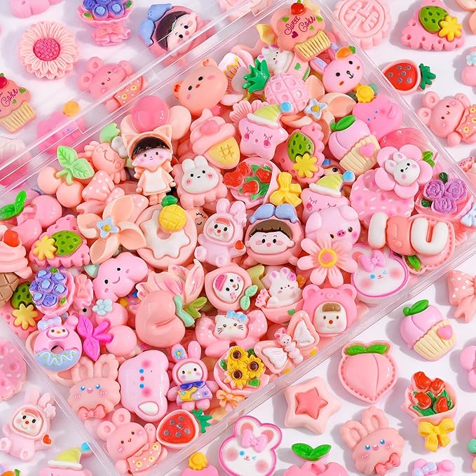 100PCS Pink Slime Charms Cute Flatback Resin Charms for Slime, Random Kawaii Decoden Charm for Embellishments Phone Junk Case Charms Bulk, Hairpins Scrapbooking Crafting & DIY Decoration