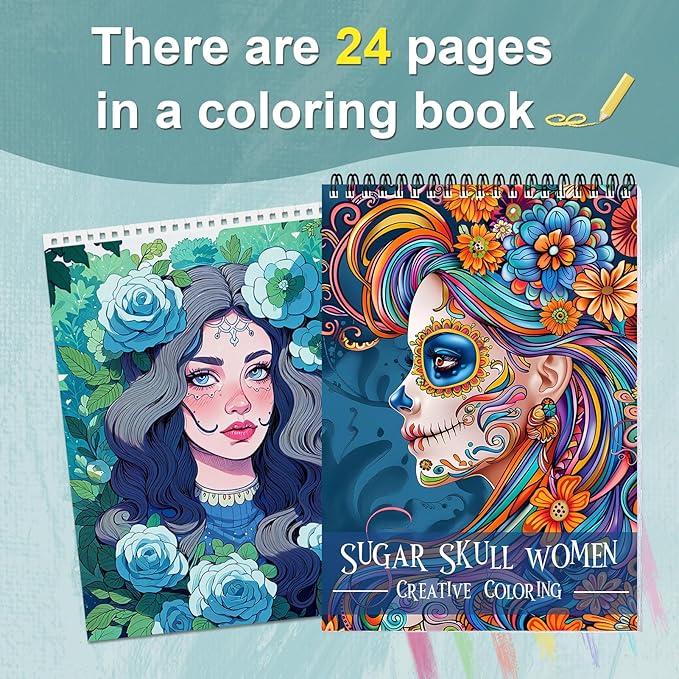 Sugar Skull Women Coloring Book for Adult Spiral Bound, Adult Coloring Book for Women Relaxation, Thick Paper 24 Pages One Sided Design, Mindfulness Easter Gifts for Adults