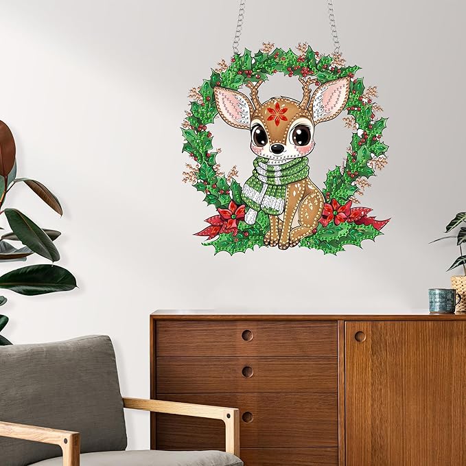 Reofrey Hanging Diamond Art Kits for Adults - 8x8 Inch Christmas Deer Acrylic Board Double Sided Pattern Diamond Art Suncatcher Pendant, Crystal Art for Home Wall or Window Decoration Handmade Gift