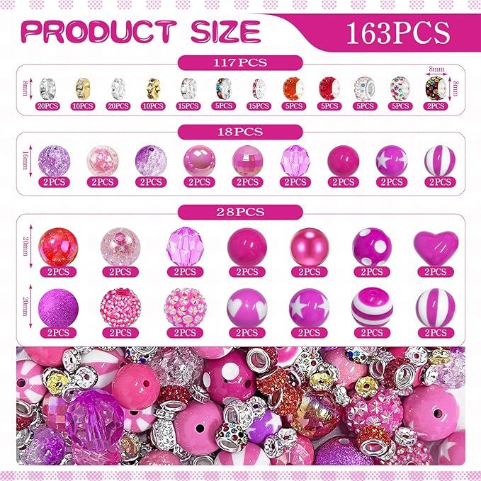 163 Pcs Pen Beads for Beadable Pens: Bubblegum Beads for Pen Making Bulk with Spacer Bead Rhinestone Bead (Rose Red)