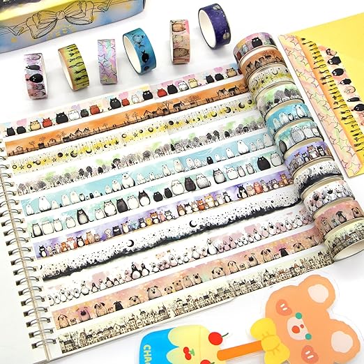 Kawaii Washi Tape Set - 24 Rolls Cute Animals Aesthetic Decorative Washi Tape for Scrapbooking Supplies, Bullet Journal Supplies, Junk Journal, Kids Art Craft Tape