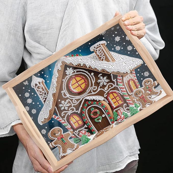 Christmas DIY Diamond Art Tray with Handle Special Shaped Diamond Art Plate Creative Design Handmade Wooden Tray Mosaic Making Kits by Number Kits DIY Crafts Gift for Xmas Organizer (Christmas House)