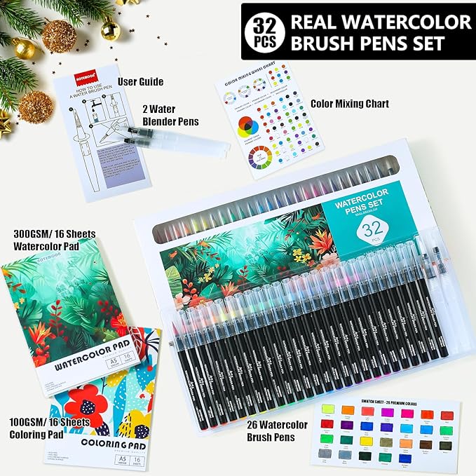 32 Watercolor Pens Set Includes 26 Vivid Colors, Real Brush Tips Paint Markers Set with 2 Blender Pens, Watercolor Pad and Coloring Pad, Art Supplies Gifts for Beginners Young Artists and Adults