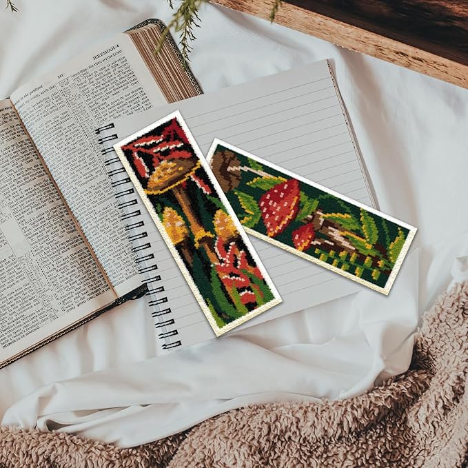 ORIGACH 6 Pcs Cross Stitch Bookmark Kit for Beginner with Backing Felt Floss Instruction Mushroom Plants DIY Stamped Embroidery Bookmark Kit for Starter Adults Book Lovers