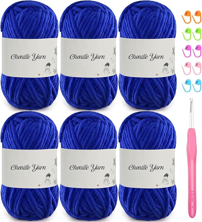 SIMEIQI 6 Pack of 1.76oz Chenille Yarn for Crocheting,60yards Soft Fluffy Velvet Yarn, Ideal Crochet for DIY Baby Blankets Toys Scarves Throw Pillows Hats Cushions(Sapphire Blue)