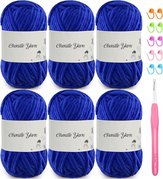 SIMEIQI 6 Pack of 1.76oz Chenille Yarn for Crocheting,60yards Soft Fluffy Velvet Yarn, Ideal Crochet for DIY Baby Blankets Toys Scarves Throw Pillows Hats Cushions(Sapphire Blue)