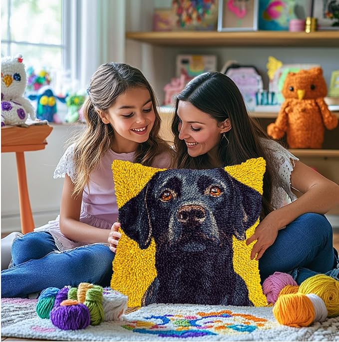 DIY Latch Hook Pillow Kits for Adults Cartoon Black Labrador Dog Printed Pillowcase Crochet Yarns Hooking Handmade Pillow Cover Cushion for Home Sofa Decoration 17x17inch-14